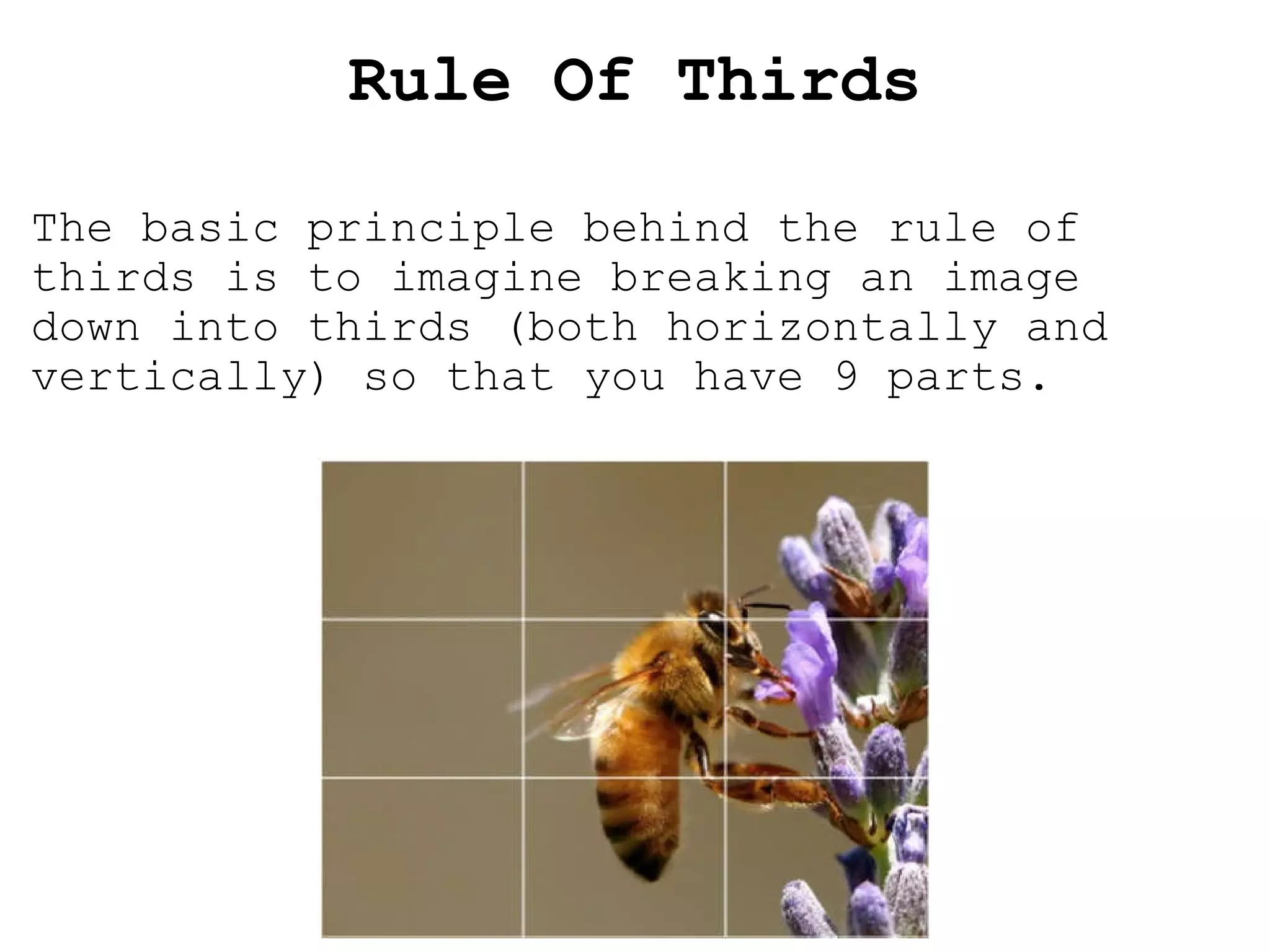   Rule  Of  Thirds The basic principle behind the rule of thirds is to imagine breaking an image down into thirds (both horizontally and vertically) so that you have 9 parts. 