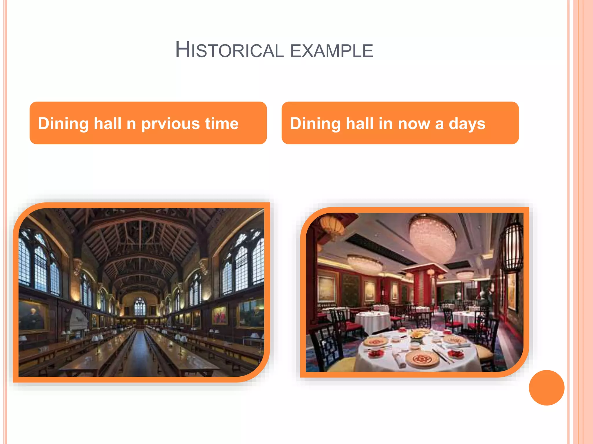 HISTORICAL EXAMPLE
Dining hall n prvious time Dining hall in now a days
 
