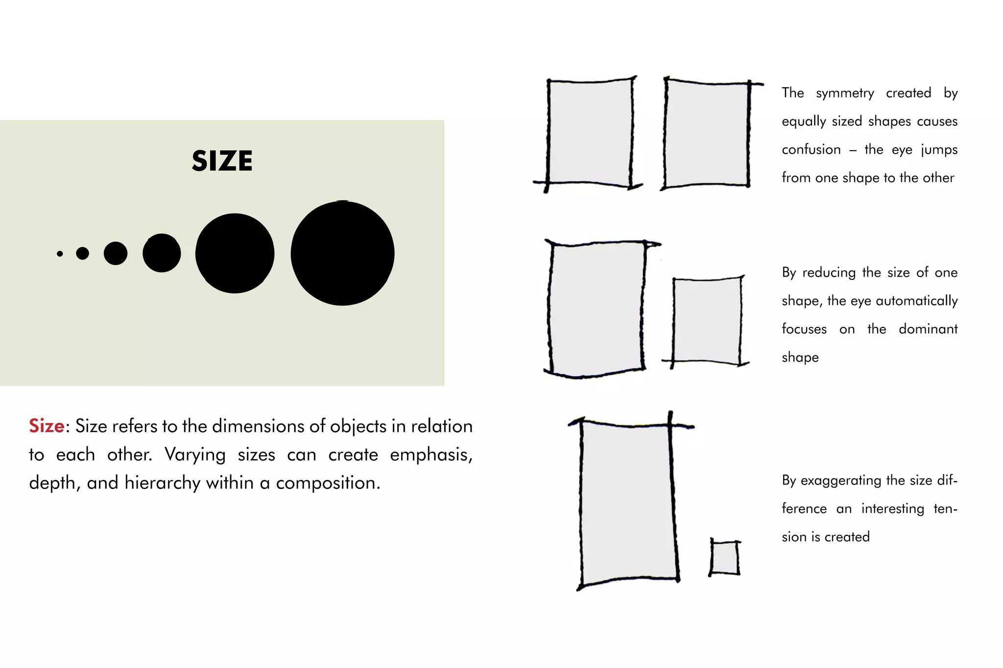 SIZE
Size: Size refers to the dimensions of objects in relation
to each other. Varying sizes can create emphasis,
depth, and hierarchy within a composition.
The symmetry created by
equally sized shapes causes
confusion – the eye jumps
from one shape to the other
By reducing the size of one
shape, the eye automatically
focuses on the dominant
shape
By exaggerating the size dif-
ference an interesting ten-
sion is created
 