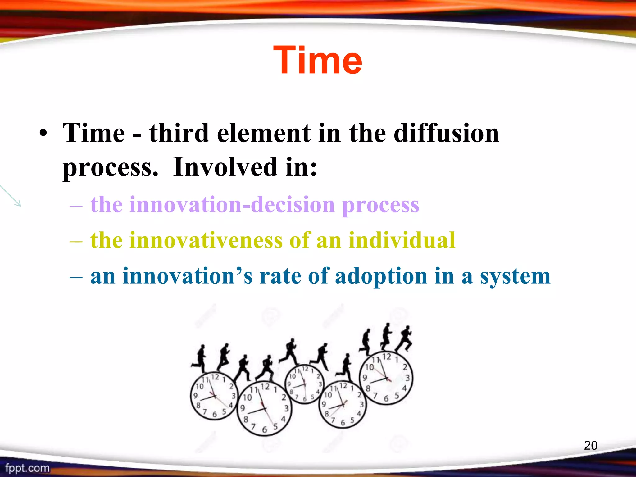 Time
• Time - third element in the diffusion
process. Involved in:
– the innovation-decision process
– the innovativeness of an individual
– an innovation’s rate of adoption in a system
20
 