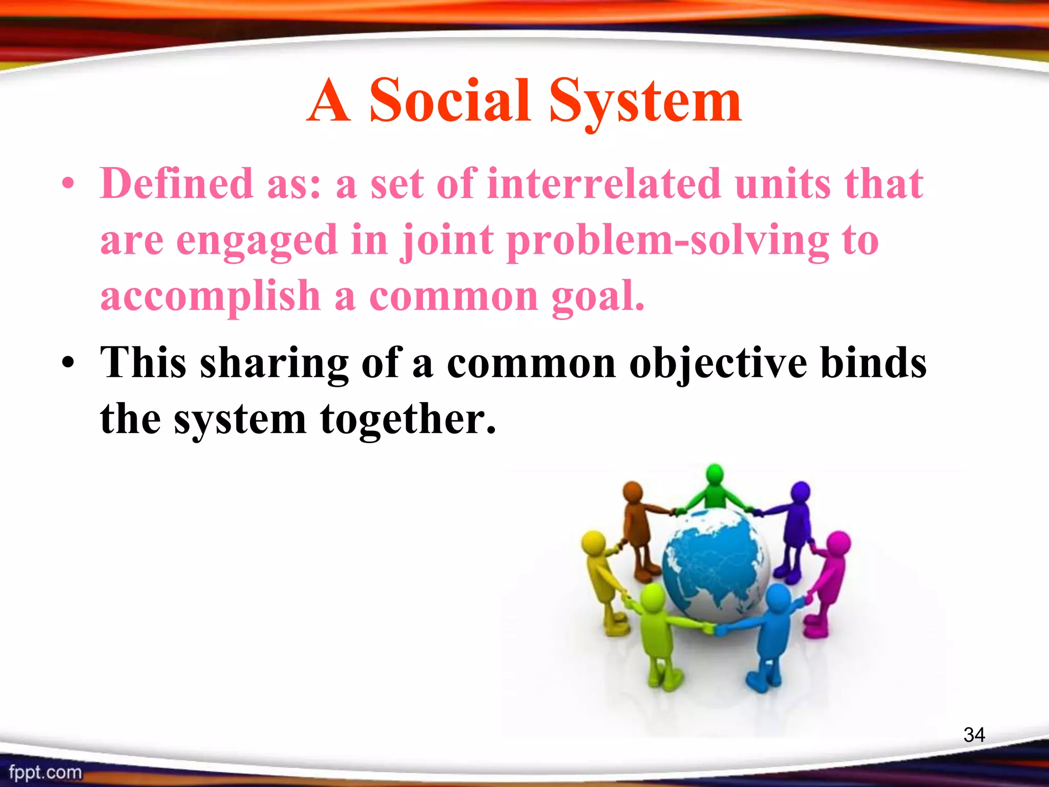A Social System
• Defined as: a set of interrelated units that
are engaged in joint problem-solving to
accomplish a common goal.
• This sharing of a common objective binds
the system together.
34
 