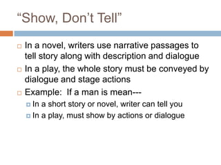 “Show, Don’t Tell”In a novel, writers use narrative passages to tell story along with description and dialogueIn a play, the whole story must be conveyed by dialogue and stage actionsExample:  If a man is mean---In a short story or novel, writer can tell youIn a play, must show by actions or dialogue
