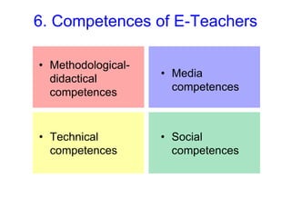 6. Competences of E-Teachers
• Methodological-
didactical
competences
• Media
competences
• Technical
competences
• Social
competences
 