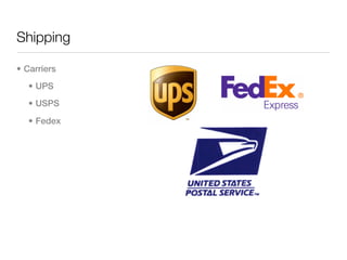 Shipping

• Carriers
   • UPS
   • USPS

   • Fedex
 