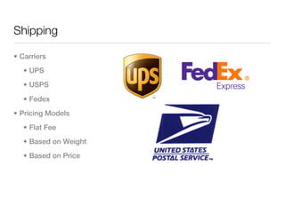 Shipping

• Carriers
   • UPS
   • USPS

   • Fedex
• Pricing Models
   • Flat Fee
   • Based on Weight
   • Based on Price
 
