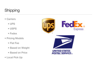 Shipping

• Carriers
   • UPS
   • USPS

   • Fedex
• Pricing Models
   • Flat Fee
   • Based on Weight
   • Based on Price
• Local Pick Up
 