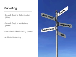 Marketing

• Search Engine Optimization
  (SEO)


• Search Engine Marketing
  (SEM)


• Social Media Marketing (SMM)


• Affiliate Marketing
 
