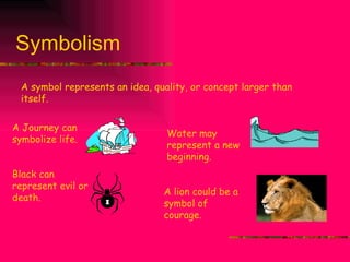 Symbolism A symbol represents an idea, quality, or concept larger than itself. A Journey can symbolize life. Black can represent evil or death. Water may represent a new beginning. A lion could be a symbol of courage. 