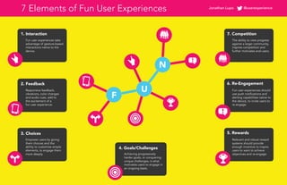 7 Elements of Fun User Experiences
7. Competition
6. Re-Engagement
5. Rewards
1. Interaction
2. Feedback
3. Choices
4. Goals/Challenges
F
U
N
Fun user experiences take
advantage of gesture-based
interactions native to the
device.
Responsive feedback,
vibrations, color changes
and audio cues, add to
the excitement of a
fun user experience.
Empower users by giving
them choices and the
ability to customize simple
elements, to engage them
more deeply.
The ability to view progress
against a larger community,
inspires competition and
further motivates end-users.
Fun user experiences should
use push notifications and
alerting capabilities native to
the device, to invite users to
re-engage.
Relevant and robust reward
systems should provide
enough incentive to inspire
users to want to achieve
objectives and re-engage.Achieving progressively
harder goals, or conquering
unique challenges, is what
motivates users to engage in
an ongoing basis.
Jonathan Lupo @userexperience
 
