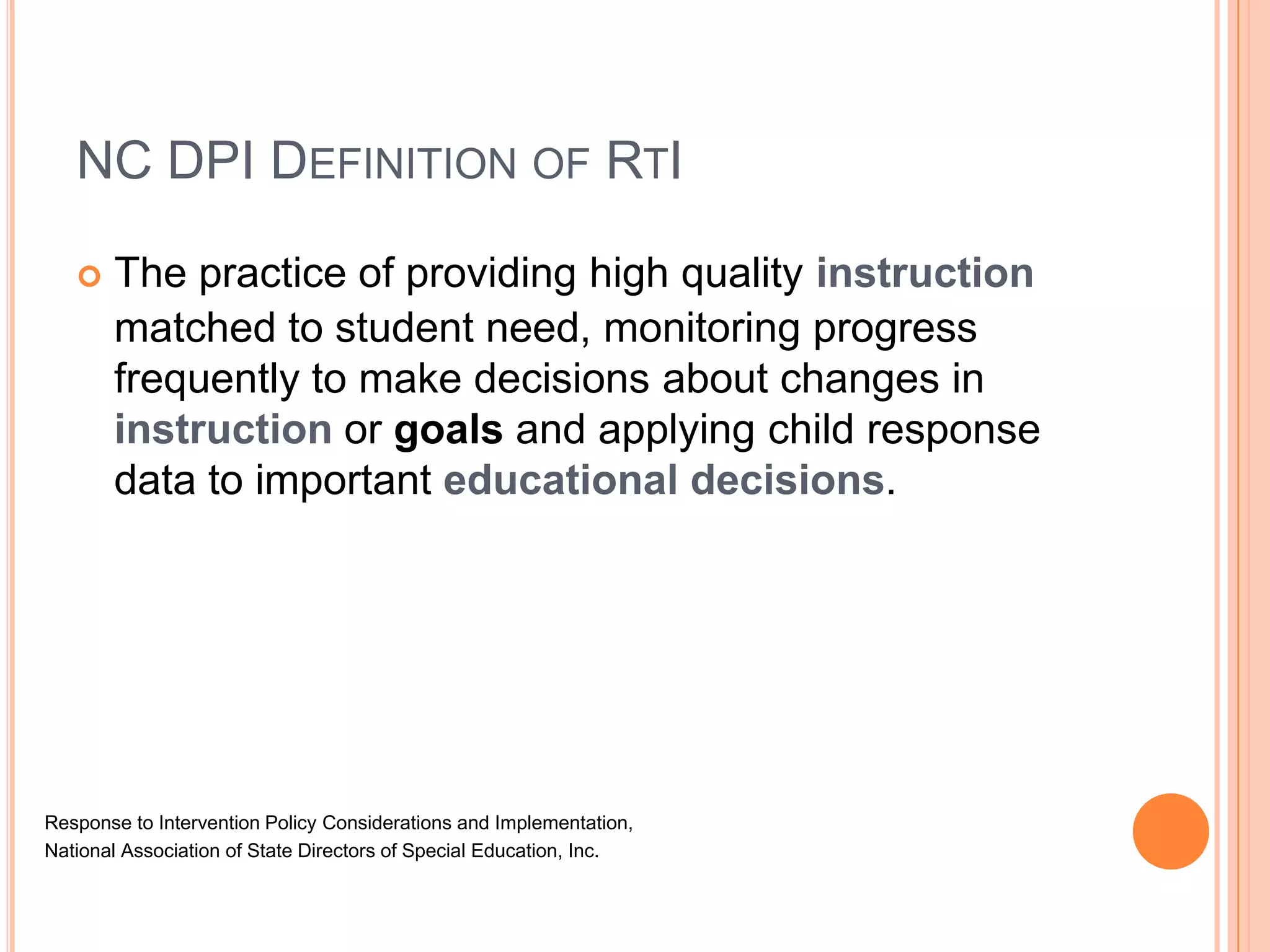 FOCUS…focus on addressing the needs of ALL students having    difficulty, not just those with labels…focus on ALL educators being responsible for ALL students…focus on the solution rather than the problem…focus on an instruction/intervention rather than on what is wrong with the student