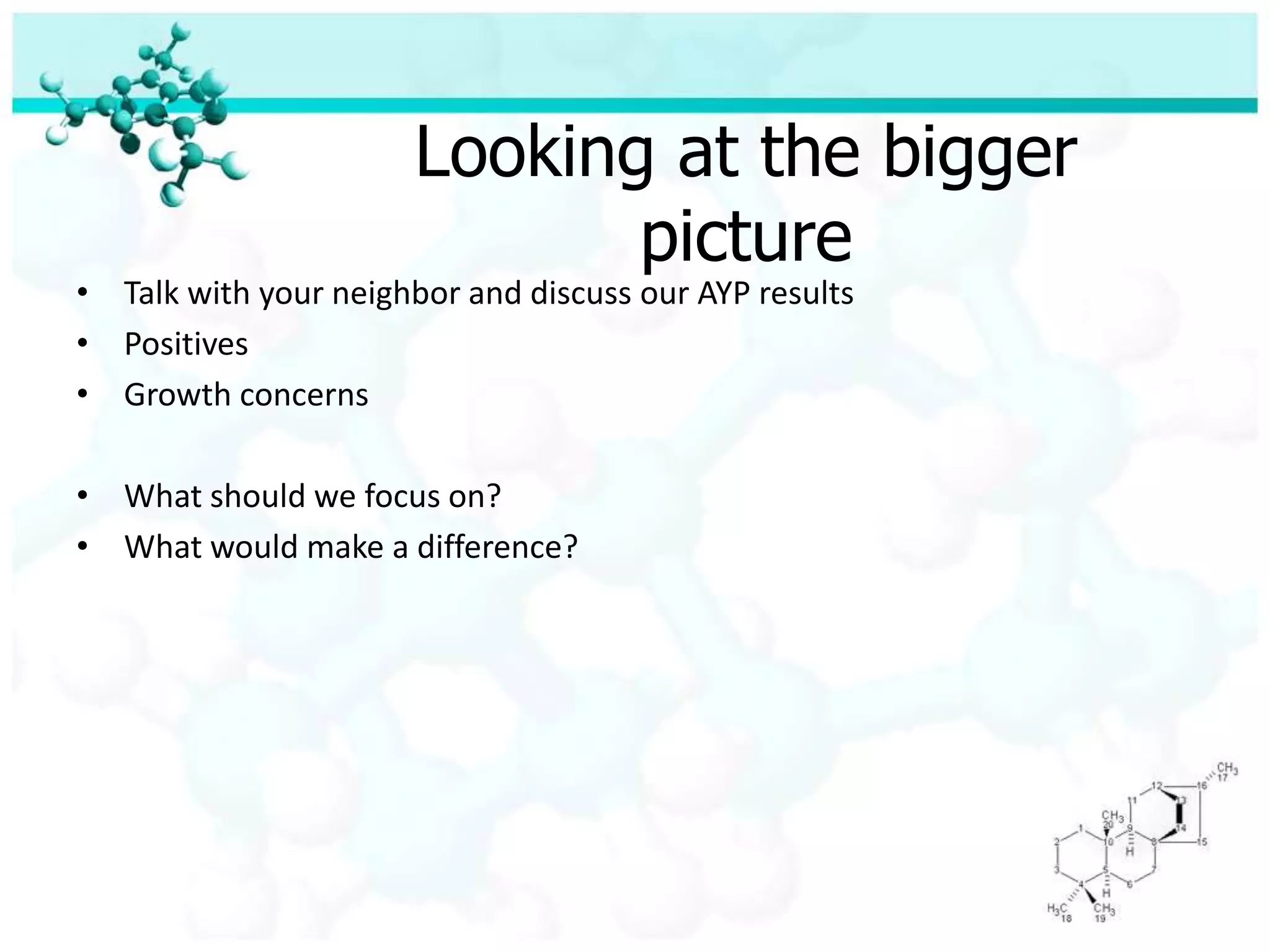 Looking at the bigger pictureTalk with your neighbor and discuss our AYP resultsPositivesGrowth concernsWhat should we focus on?What would make a difference?