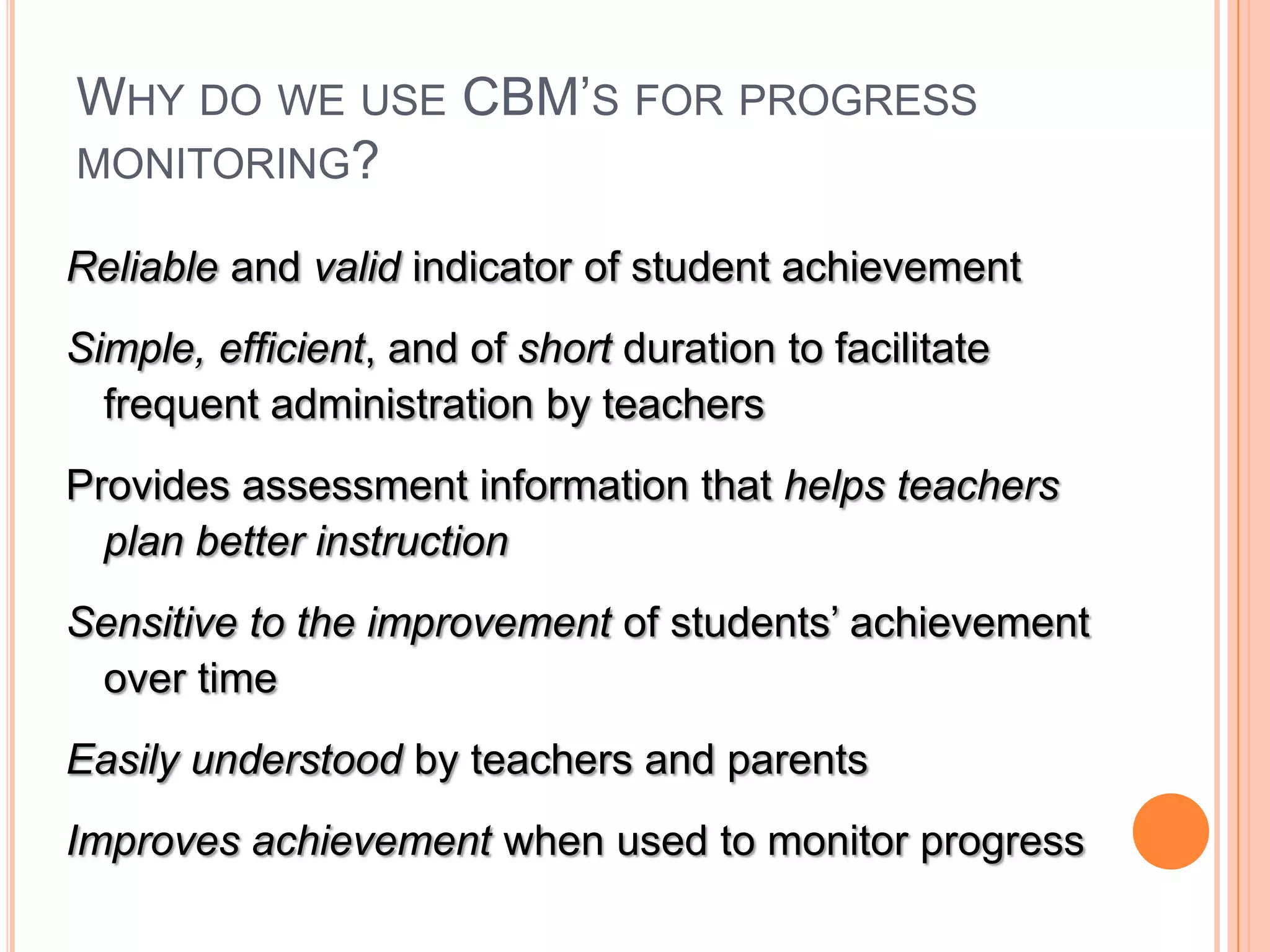 Implementation of a RtI System46Tiers I-III call for implementation of PSM and CBM in the general education settingTier IV represents referral for consideration of Special Edthe highest level of service intensity