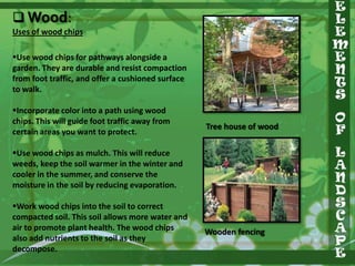  Wood:
Uses of wood chips
Use wood chips for pathways alongside a
garden. They are durable and resist compaction
from foot traffic, and offer a cushioned surface
to walk.
Incorporate color into a path using wood
chips. This will guide foot traffic away from
certain areas you want to protect.

Tree house of wood

Use wood chips as mulch. This will reduce
weeds, keep the soil warmer in the winter and
cooler in the summer, and conserve the
moisture in the soil by reducing evaporation.

Work wood chips into the soil to correct
compacted soil. This soil allows more water and
air to promote plant health. The wood chips
also add nutrients to the soil as they
decompose.

Wooden fencing

 
