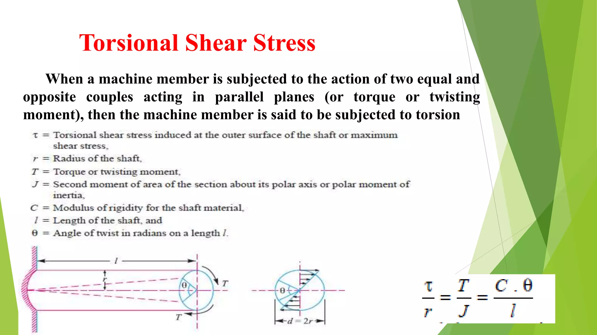 Torsional Shear Stress
When a machine member is subjected to the action of two equal and
opposite couples acting in parallel planes (or torque or twisting
moment), then the machine member is said to be subjected to torsion
 