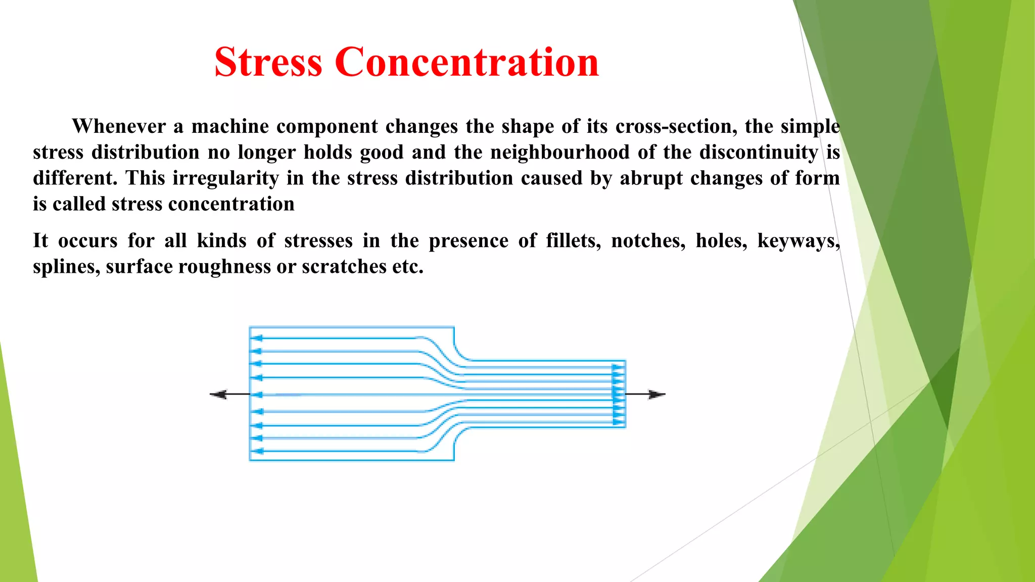 Stress Concentration
Whenever a machine component changes the shape of its cross-section, the simple
stress distribution no longer holds good and the neighbourhood of the discontinuity is
different. This irregularity in the stress distribution caused by abrupt changes of form
is called stress concentration
It occurs for all kinds of stresses in the presence of fillets, notches, holes, keyways,
splines, surface roughness or scratches etc.
 