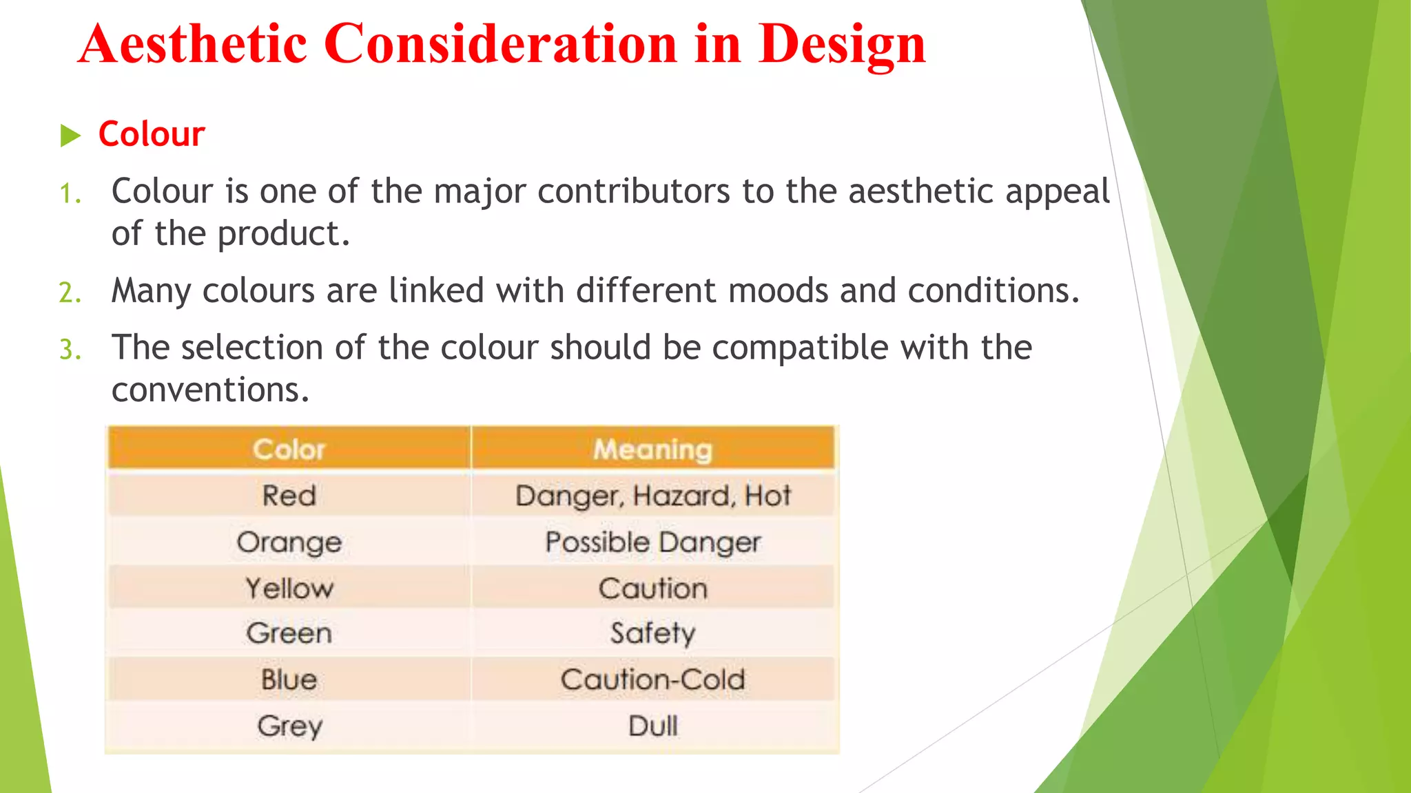 Aesthetic Consideration in Design
 Colour
1. Colour is one of the major contributors to the aesthetic appeal
of the product.
2. Many colours are linked with different moods and conditions.
3. The selection of the colour should be compatible with the
conventions.
 
