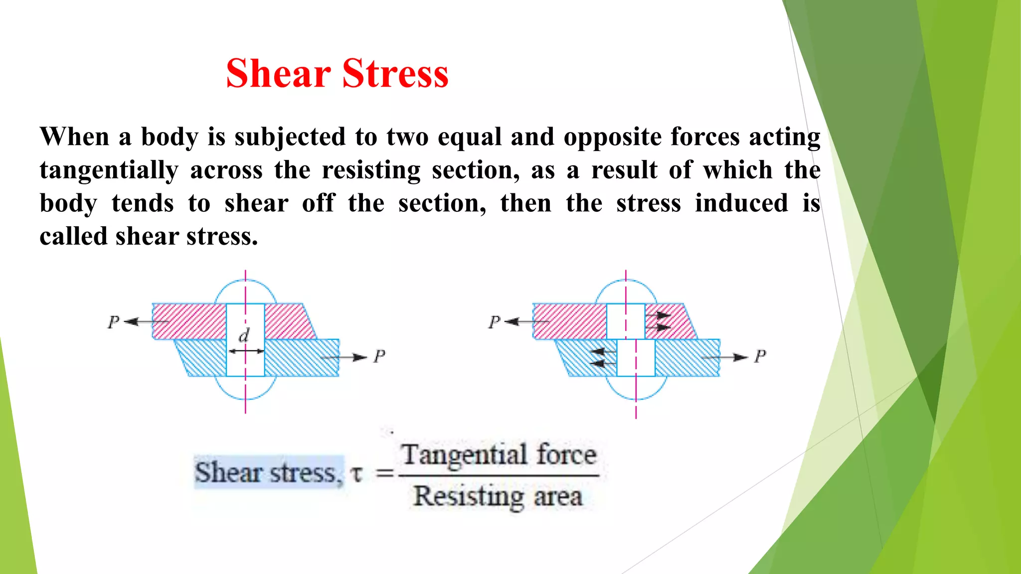 Shear Stress
When a body is subjected to two equal and opposite forces acting
tangentially across the resisting section, as a result of which the
body tends to shear off the section, then the stress induced is
called shear stress.
 