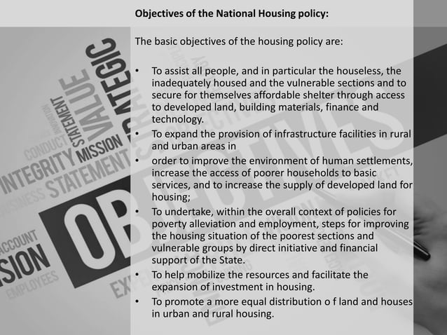 Elements of national housing policy