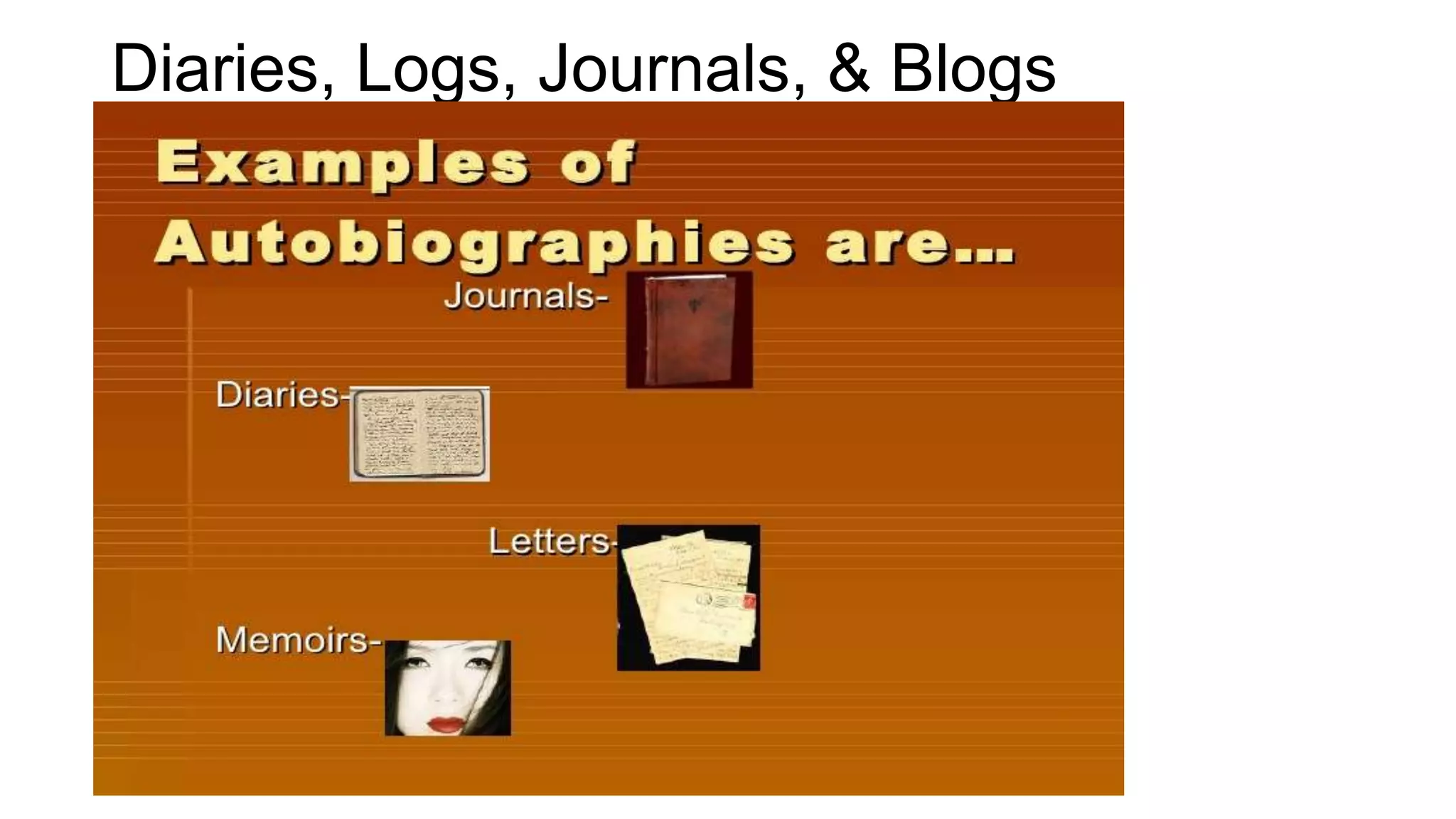 Diaries, Logs, Journals, & Blogs

 