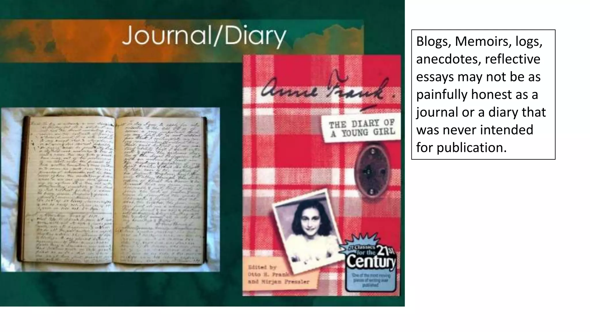Blogs, Memoirs, logs,
anecdotes, reflective
essays may not be as
painfully honest as a
journal or a diary that
was never intended
for publication.

 