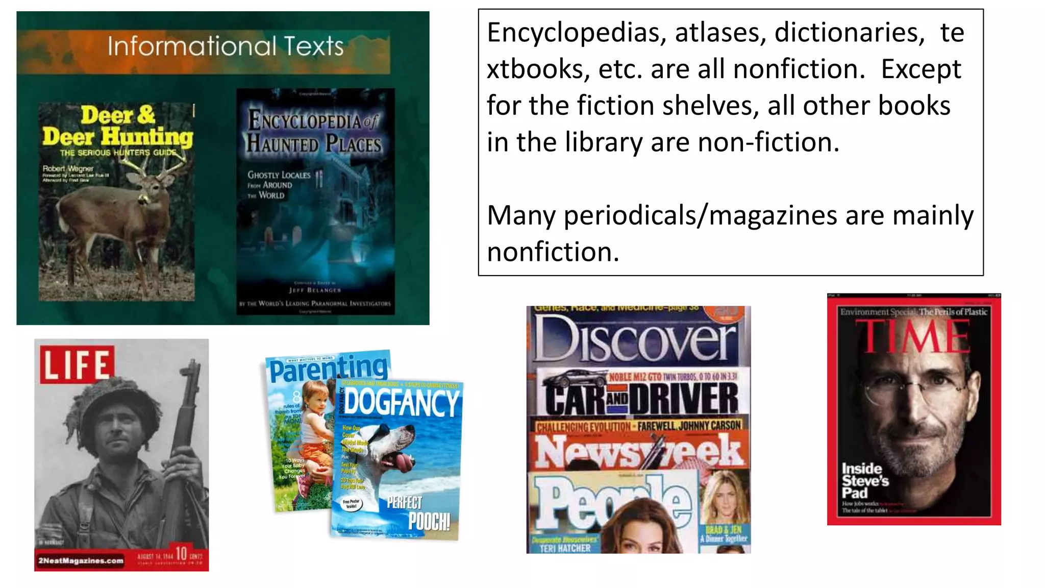 Encyclopedias, atlases, dictionaries, te
xtbooks, etc. are all nonfiction. Except
for the fiction shelves, all other books
in the library are non-fiction.
Many periodicals/magazines are mainly
nonfiction.

 
