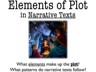 Elements of Plot
in Narrative Texts
What elements make up the plot?
What patterns do narrative texts follow?
 