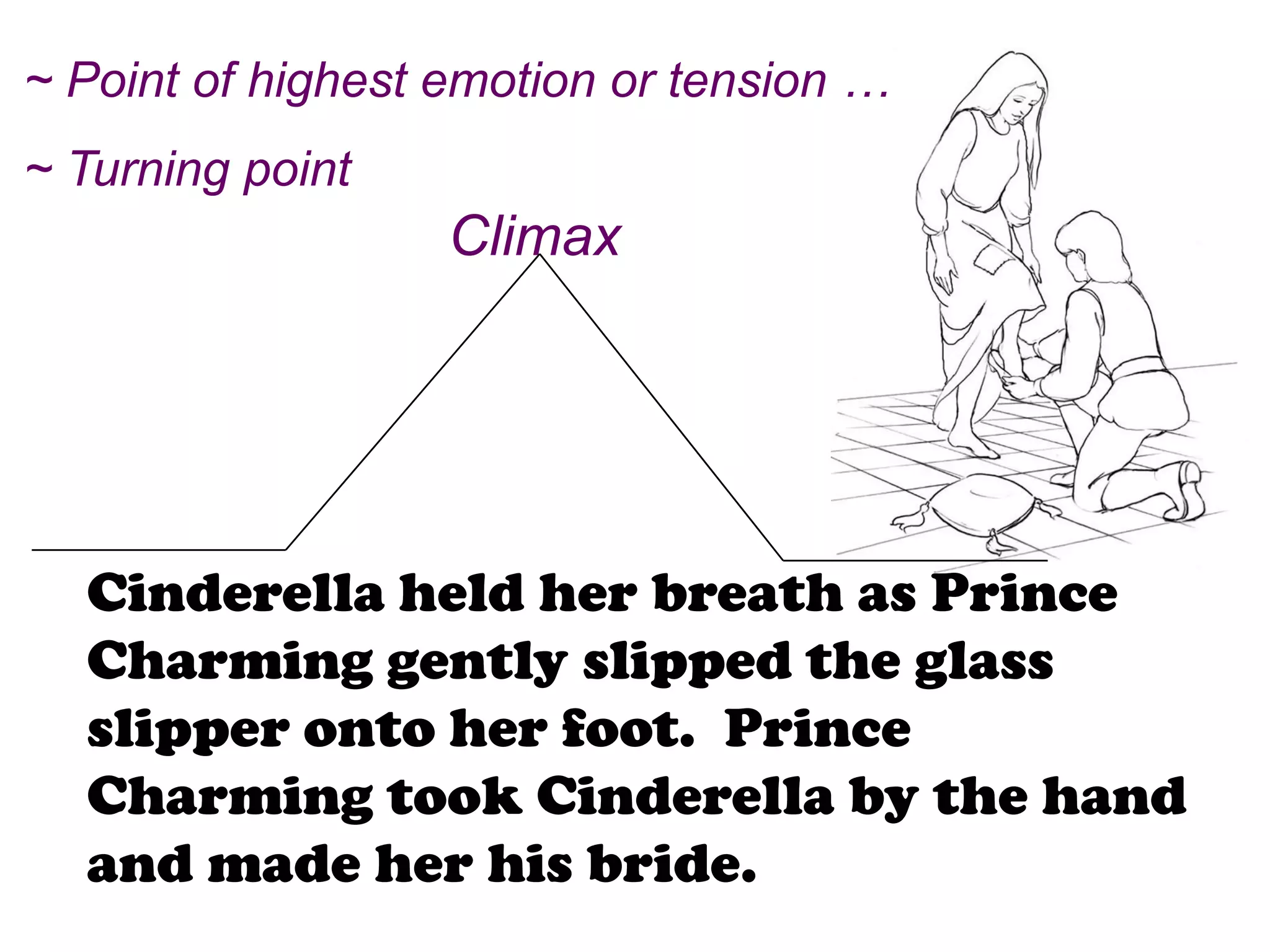~ Point of highest emotion or tension …
~ Turning point
                   Climax




  Cinderella held her breath as Prince
  Charming gently slipped the glass
  slipper onto her foot. Prince
  Charming took Cinderella by the hand
  and made her his bride.
 