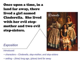 Once upon a time, in a
land far away, there
lived a girl named
Cinderella. She lived
with her evil step-
mother and two evil
step-sisters.



Exposition
Introduced:
~ characters – Cinderella, step-mother, and step-sisters
~ setting – (time) long ago, (place) land far away
 