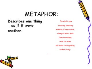 METAPHOR:
Describes one thing
as if it were
another.
The wind is now
a roaring, smashing
monster of destruction,
raking all man's work
from the valleys,
from the vales,
and sends them spinning,
broken flying -
.
 