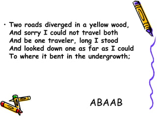 ABAAB
• Two roads diverged in a yellow wood,
And sorry I could not travel both
And be one traveler, long I stood
And looked down one as far as I could
To where it bent in the undergrowth;
 