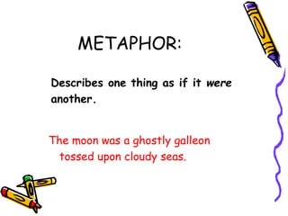 METAPHOR:
Describes one thing as if it were
another.
The moon was a ghostly galleon
tossed upon cloudy seas.
 
