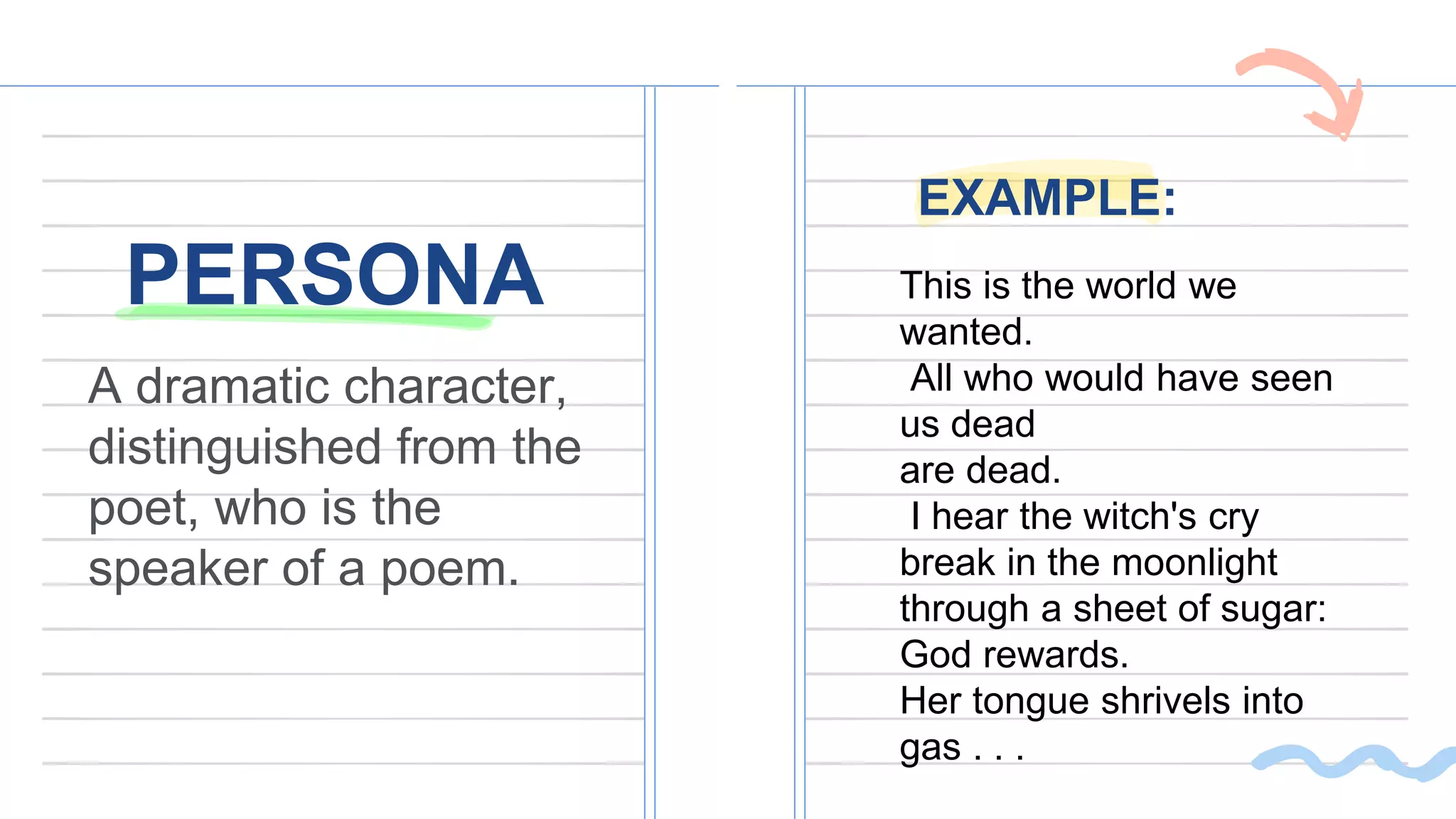 PERSONA
EXAMPLE:
A dramatic character,
distinguished from the
poet, who is the
speaker of a poem.
This is the world we
wanted.
All who would have seen
us dead
are dead.
I hear the witch's cry
break in the moonlight
through a sheet of sugar:
God rewards.
Her tongue shrivels into
gas . . .
 