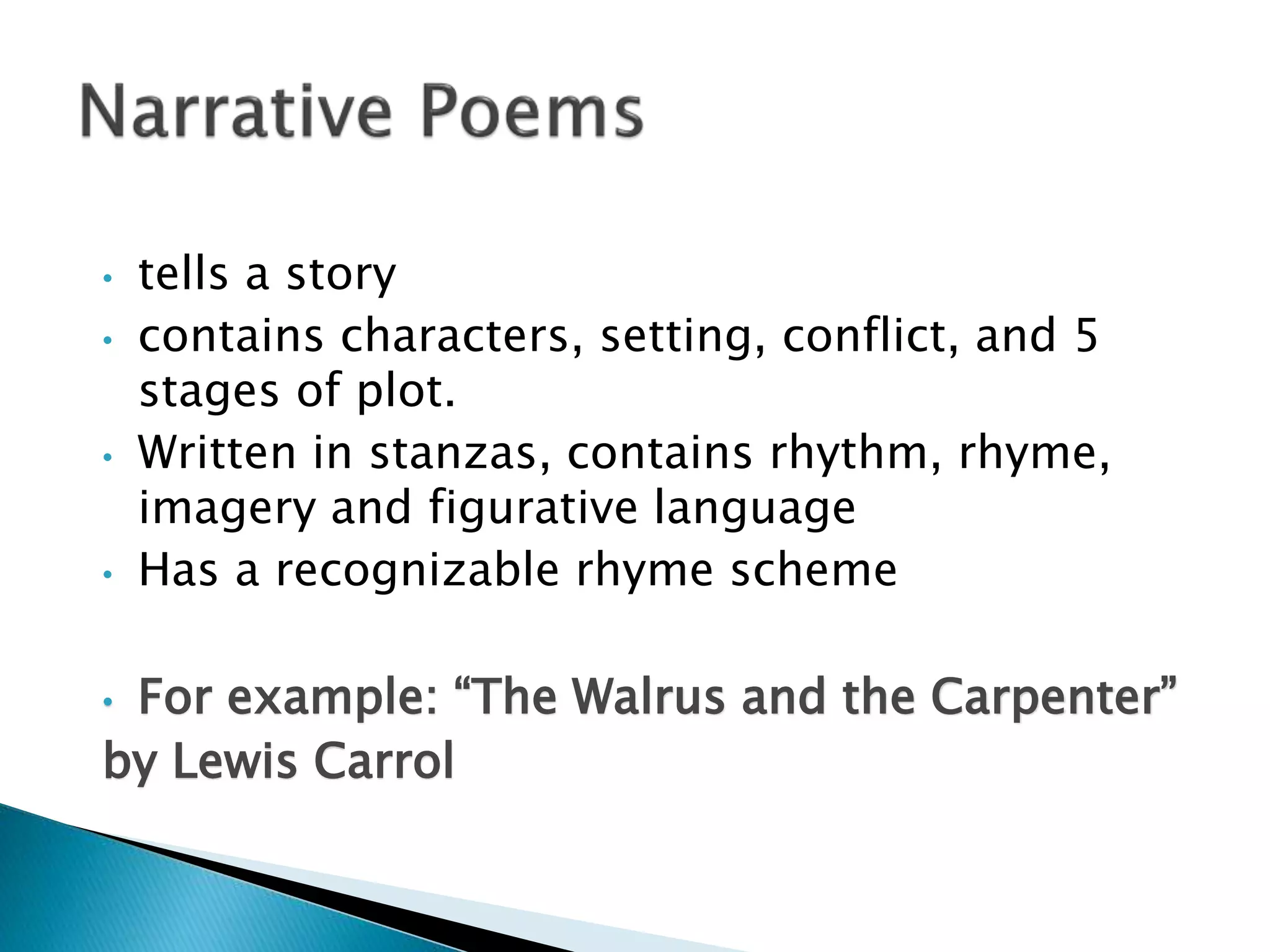 • tells a story
• contains characters, setting, conflict, and 5
stages of plot.
• Written in stanzas, contains rhythm, rhyme,
imagery and figurative language
• Has a recognizable rhyme scheme
• For example: “The Walrus and the Carpenter”
by Lewis Carrol
 