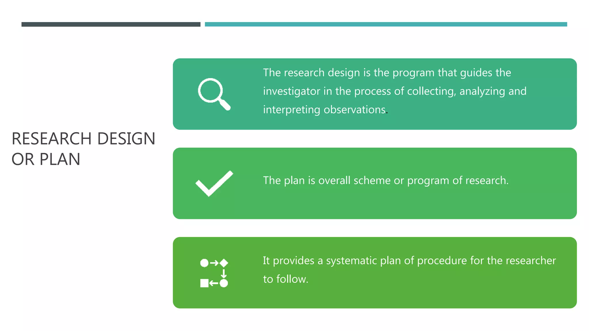 RESEARCH DESIGN
OR PLAN
The research design is the program that guides the
investigator in the process of collecting, analyzing and
interpreting observations.
The plan is overall scheme or program of research.
It provides a systematic plan of procedure for the researcher
to follow.
 