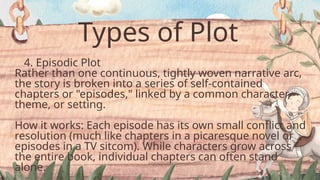 Types of Plot
4. Episodic Plot
Rather than one continuous, tightly woven narrative arc,
the story is broken into a series of self-contained
chapters or "episodes," linked by a common character,
theme, or setting.
How it works: Each episode has its own small conflict and
resolution (much like chapters in a picaresque novel or
episodes in a TV sitcom). While characters grow across
the entire book, individual chapters can often stand
alone.
 