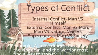 Types of Conflict
Internal Conflict- Man VS
Himself
External Conflict- Man VS Man,
Man VS Nature, Man VS
Supernatural, Man VS Society
Example: A fierce dragon threatens
the kingdom, and the warrior must
 