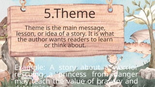 5.Theme
Theme is the main message,
lesson, or idea of a story. It is what
the author wants readers to learn
or think about.
Example: A story about a warrior
rescuing a princess from danger
may teach the value of bravery and
 