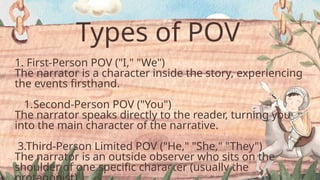 Types of POV
1. First-Person POV ("I," "We")
The narrator is a character inside the story, experiencing
the events firsthand.
1.Second-Person POV ("You")
The narrator speaks directly to the reader, turning you
into the main character of the narrative.
3.Third-Person Limited POV ("He," "She," "They")
The narrator is an outside observer who sits on the
shoulder of one specific character (usually the
 