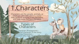 1.Characters
Characters are the people, animals, or
creatures who take part in a story.
They perform actions, make decisions,
and help move the story forward.
• Main Character (Protagonist) –
The central character in the story.
• Supporting Characters –
Characters who help develop the
story.
Types of
Characters
Example: A warrior who sets out on a
quest to protect a kingdom may be the
main character of a story.
 