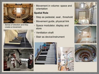 ◦ Sense of direction and they
create a movement.
◦ Movement in volume- space and
orientation
Spatial Role
◦ Step as pedestal, seat , threshold
◦ Movement guide, physical link
◦ Space modulator, display and
store
◦ Ventilation shaft
◦ Stair as device/instrument
 