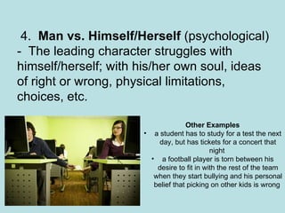   4.  Man vs. Himself/Herself  (psychological) -  The leading character struggles with himself/herself; with his/her own soul, ideas of right or wrong, physical limitations, choices, etc. Other Examples a student has to study for a test the next day, but has tickets for a concert that night  a football player is torn between his desire to fit in with the rest of the team when they start bullying and his personal belief that picking on other kids is wrong  