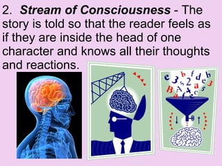2.   Stream of Consciousness  - The story is told so that the reader feels as if they are inside the head of one character and knows all their thoughts and reactions.  