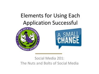 Elements for Using Each Application Successful Social Media 201: The Nuts and Bolts of Social Media 