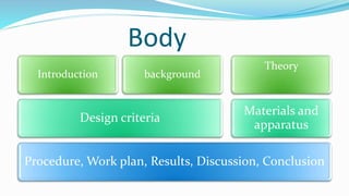 Body
Procedure, Work plan, Results, Discussion, Conclusion
Design criteria
Introduction background
Materials and
apparatus
Theory
 