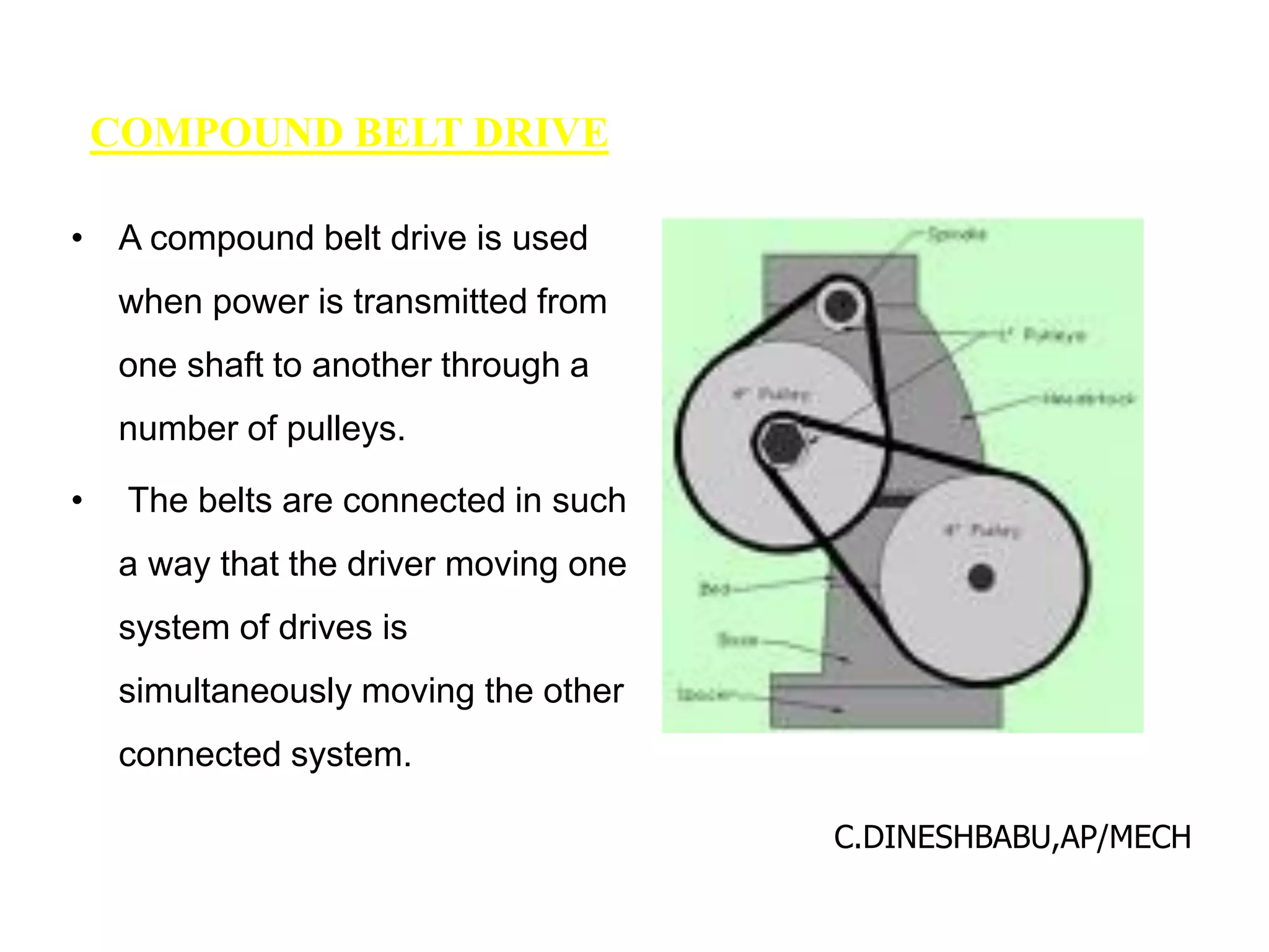 COMPOUND BELT DRIVE
• A compound belt drive is used
when power is transmitted from
one shaft to another through a
number of pulleys.
• The belts are connected in such
a way that the driver moving one
system of drives is
simultaneously moving the other
connected system.
C.DINESHBABU,AP/MECH
 