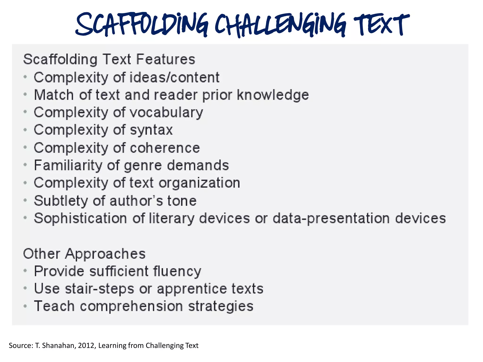 SCAFFOLDING CHALLENGING TEXT
Source: T. Shanahan, 2012, Learning from Challenging Text
 