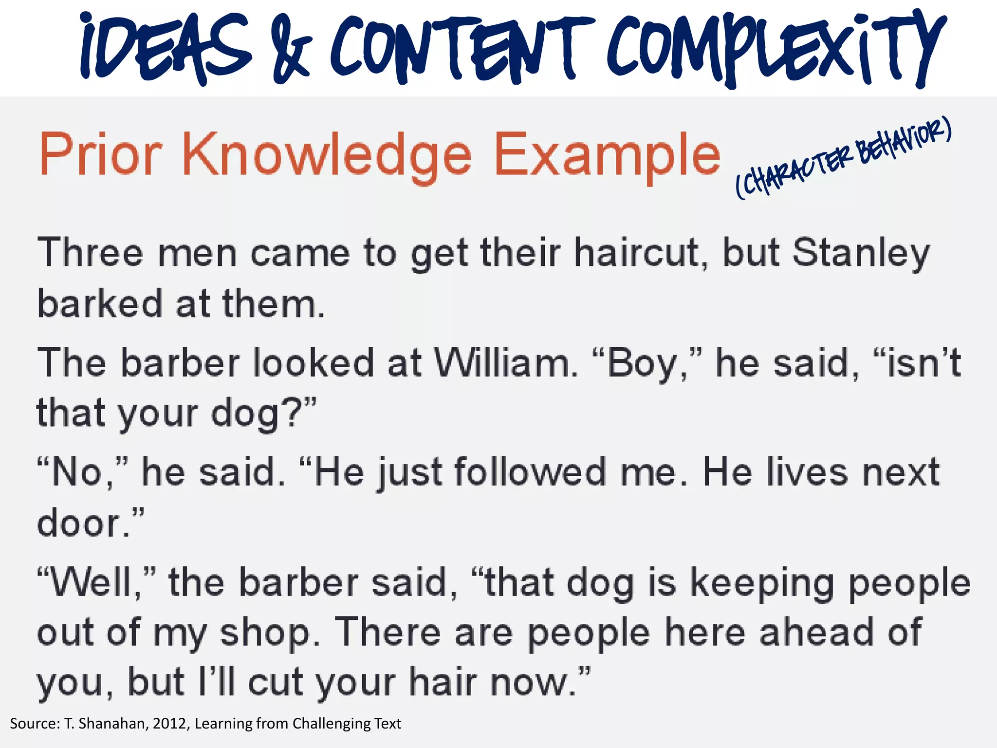 Ideas & Content Complexity
Source: T. Shanahan, 2012, Learning from Challenging Text
 