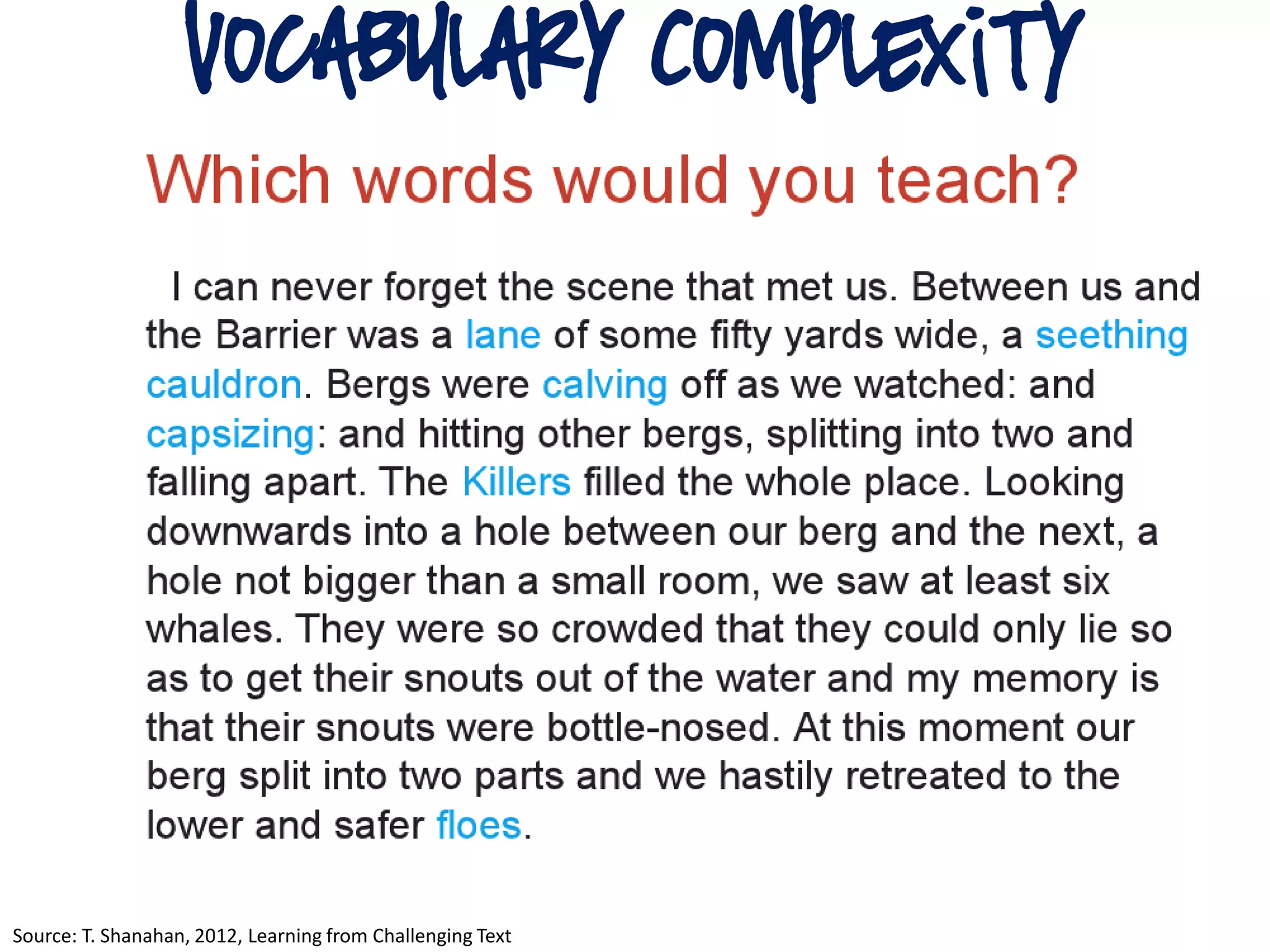 vocabulary Complexity
Source: T. Shanahan, 2012, Learning from Challenging Text
 