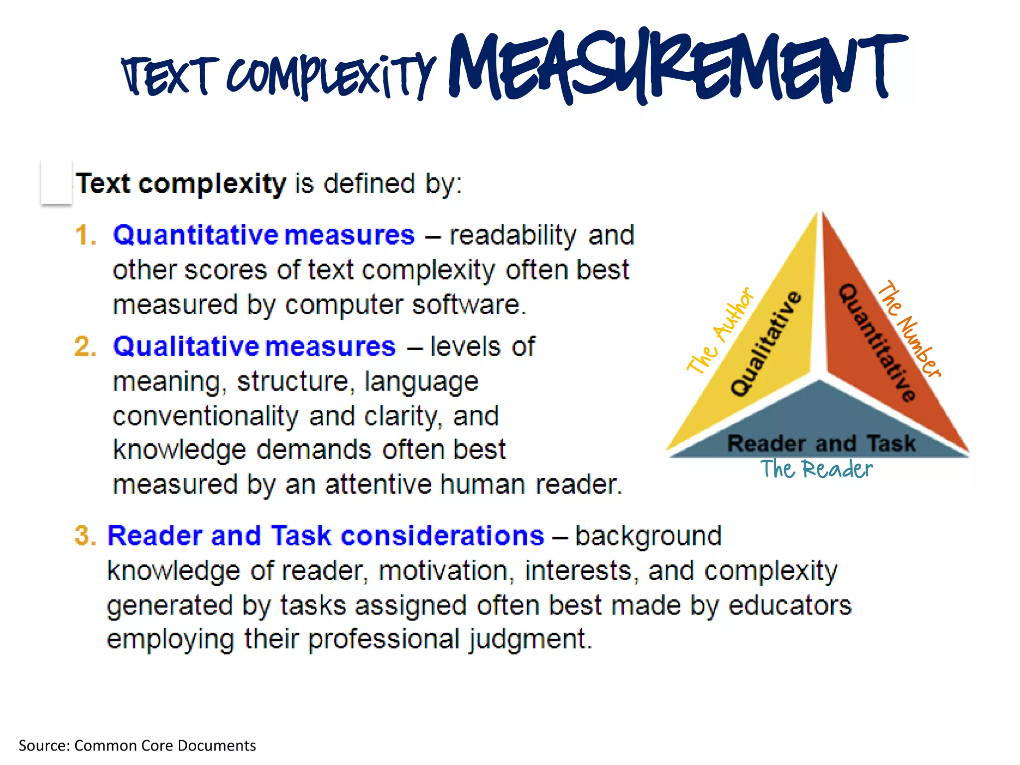 text complexity Measurement
Source: Common Core Documents
The Reader
 