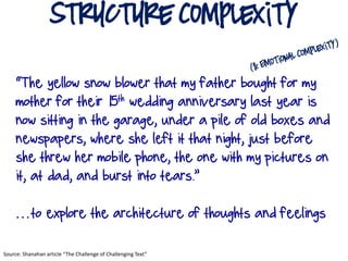 structure Complexity
“The yellow snow blower that my father bought for my
mother for their 15th wedding anniversary last year is
now sitting in the garage, under a pile of old boxes and
newspapers, where she left it that night, just before
she threw her mobile phone, the one with my pictures on
it, at dad, and burst into tears.”
…to explore the architecture of thoughts and feelings
Source: Shanahan article “The Challenge of Challenging Text”
 